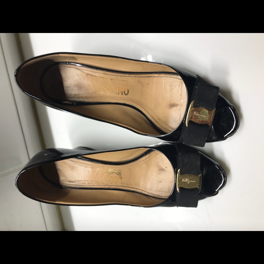 Salvatore Ferragamo black patent wedge heels